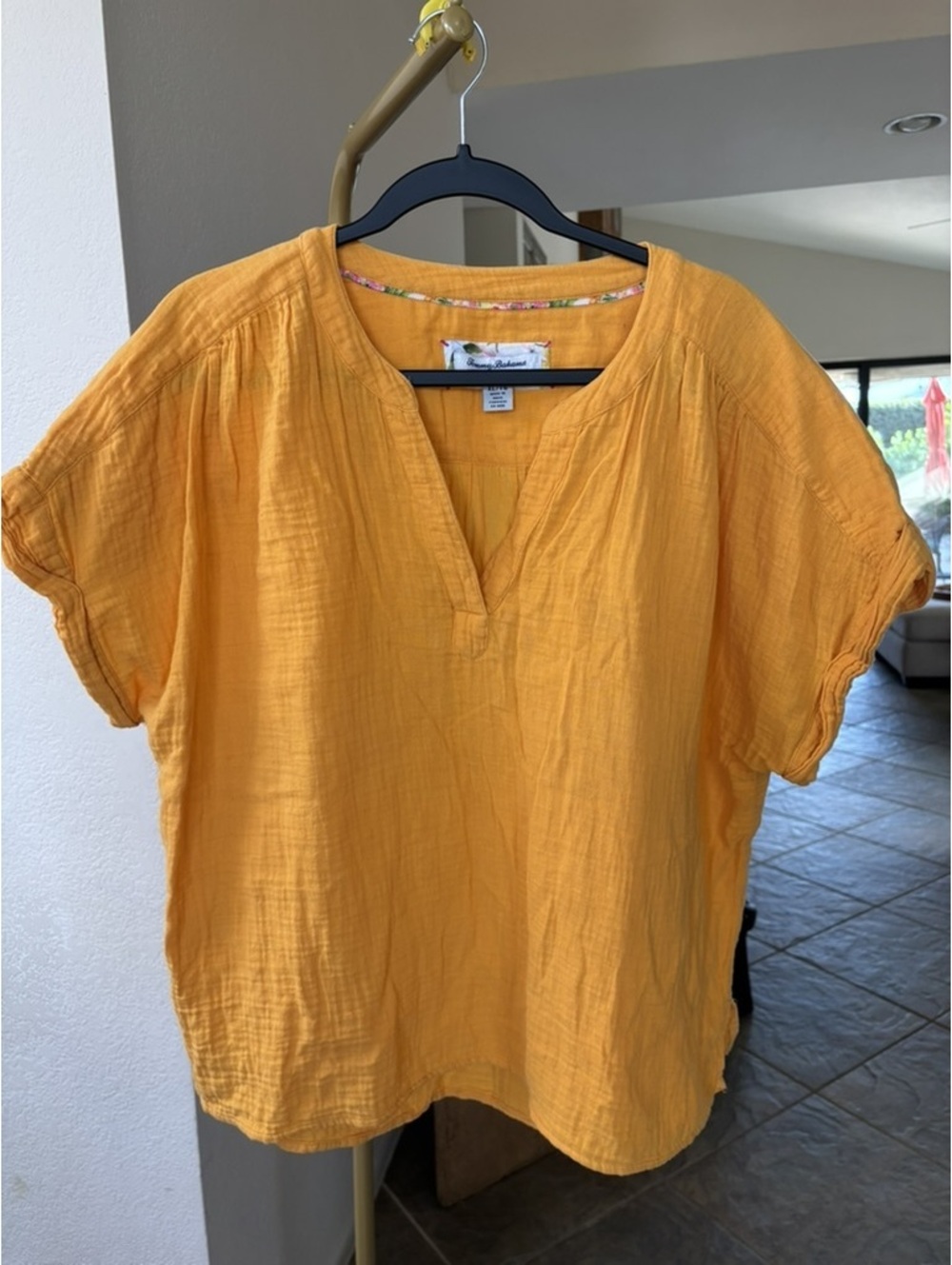 Tommy Bahama Island Soft Marigold Cotton Gauze Split Neck Top XL